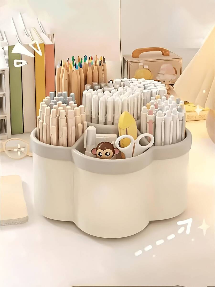 学生旋转笔筒收纳盒；360度旋转桌面收纳架，6格塑料办公用品收纳盒，附赠可爱贴纸，可自由DIY。化妆刷笔筒，桌面收纳架，非常适合收纳化妆品、文具、工具和配件，是生日礼物、家庭礼物、情人节礼物、返校季礼物、斋月礼物、开斋节礼物的理想之选。 - 彩色 - 查看 1