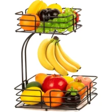 Lislark Square 2 Tier Fruit Rack With Banana Hanger, Metal Wire Basket For Kitchen, Stackable Bowl, Countertop Storage Racks For Vegetables, Bread, Potatoes - Black - View 2