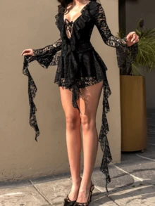 Women Summer Fall Gothic Lace Dark Romance Black Lace Dress, Deep V Plunge Neck, Flared Sleeves, Asymmetric Ruffle Hem, Party Night Outfits - 黑色 - 查看 2