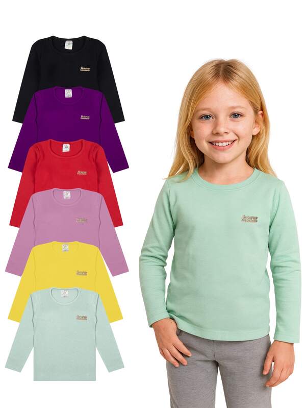 Kit 5 Blusas Manga Longa Infantil Menina Algodão Lisa Casual Tamanho 1 a 10