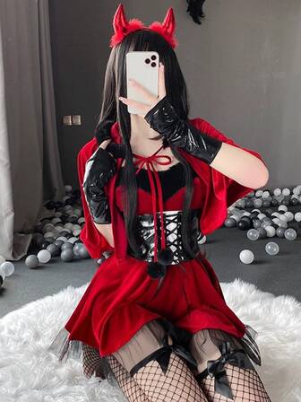头饰1+披风1+腰带1+手套1+连衣裙1，圣诞服装万圣节小恶魔角色扮演制服夜店性感舞台服装主播服情趣内衣套装