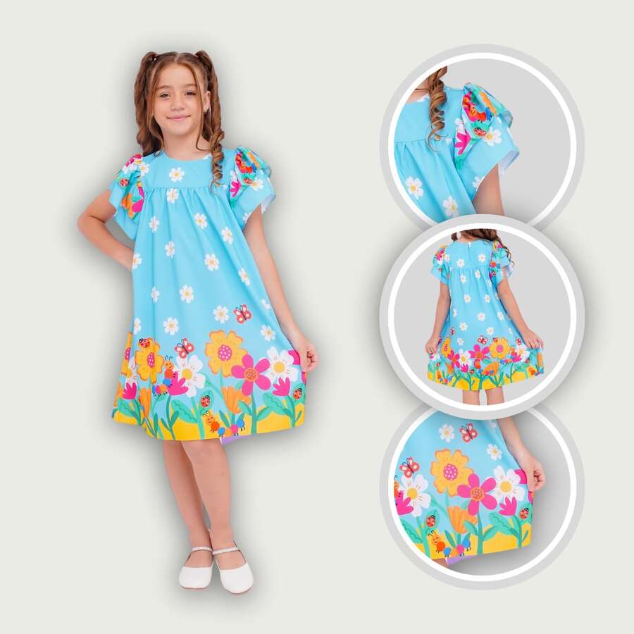 Children's Dress Girl Themed Enchanted Garden Bees Butterflies Graduation Fashion Blogger Fresh For Party Birthday Everyday Casual Teen Girl's Clothing Wedding Printed Loose Summer Floral - 淺藍色 - 查看 1