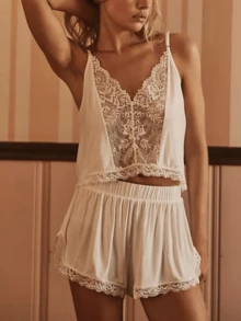 Women Lace Patchwork Two Pieces Outfits Pajamas Sets Spaghetti Strap V Neck Ruffle Hem See Through Camisole Tank Top With Lace Trim Shorts Sets Summer Sexy Pjs Sleepwear Lougewear - 白色 - 查看 3