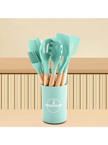 1 set de 12 pièces d'ustensiles de cuisine en silicone avec manches en bois, spatules et louches antiadhésives. Set d'ustensiles de cuisine avec support