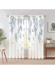 2 pezzi di tenda velaria semi-trasparente e leggera, 52" di larghezza x 63" di lunghezza, con stampa floreale semplice di farfalle e uccelli, tende decorative in voile dal design moderno e semplice - Multicolore - Visualizzare 2