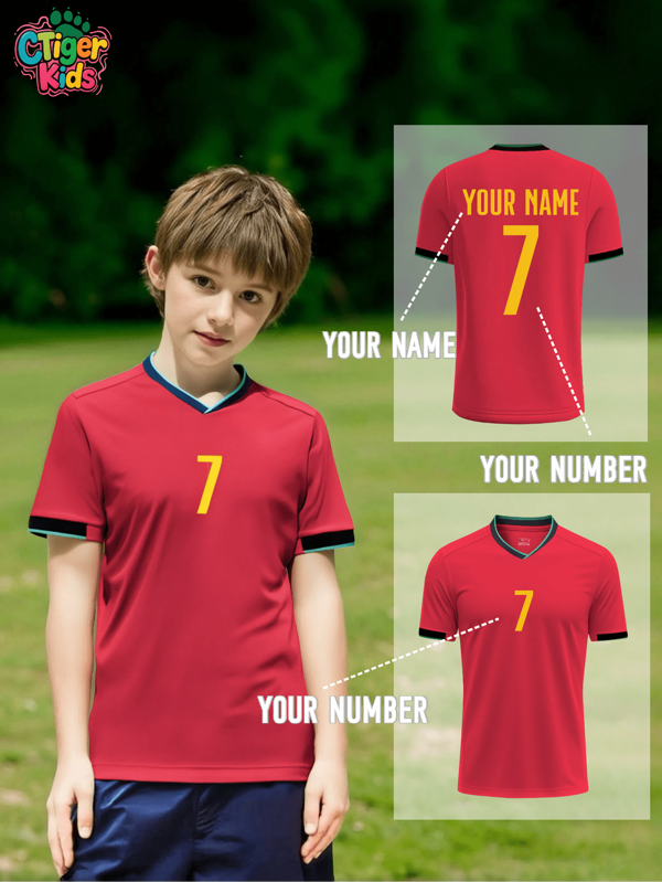 Personalisiertes Kinder Fußball Portugal Trikot mit Name & Nummer - atmungsaktives, schnell trocknendes Shirt für Jungen und Mädchen zum Training & Spielen - Fußball Volleyball Trainings T-Shirt (Frühling/Sommer) - Ronaldo stilvolle Sportbekleidung, Geschenk zu Halloween, Thanksgiving, Weihnachten und Neujahr