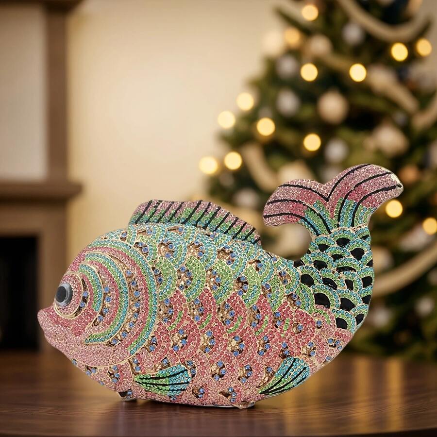 Women Mini Fish Clutch Luxury Rhinestones Purse Sparkling Banquet Handbag Wedding Party Clutch Bag - Hồng Xanh - Xem 1