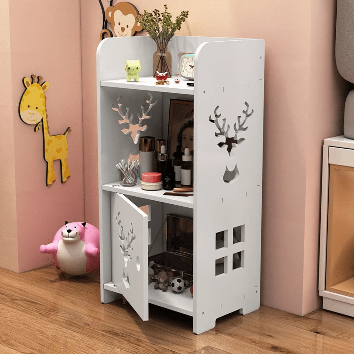1pc Bedside Storage Cabinet, Minimalist Modern Side Table, Simple Small Household Storage Rack, Cute Hollow Deer Design