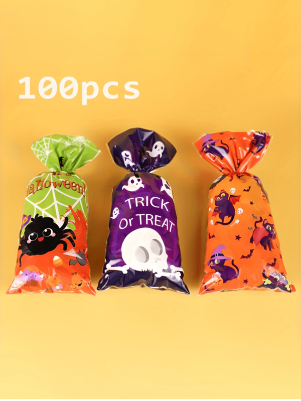 30/50/100 unidades de sacos de doces de Halloween, sacos plásticos para lembrancinhas de festa de Halloween, adequados para brinquedos e suprimentos de Halloween.