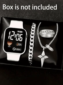 1pc Men's Square Digital Sports Digital Watch And 3pcs Bracelet Necklace Ring, The Best Gift For Halloween
