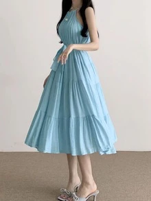 2025春夏新款女式系带无袖A字连衣裙 - 藍色 - 查看 3