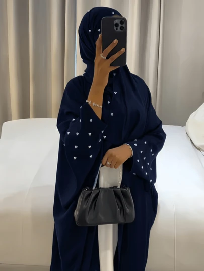 1pc Solid Color Elegant Open Cardigan, Handmade Beaded, Embroidered Cuffs, Fashion & Graceful, Suitable For All Seasons, Muslim Women Dress