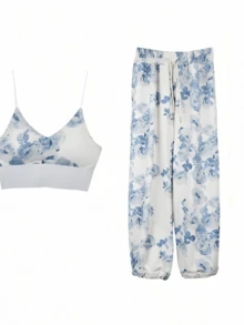 Conjunto de dos piezas de top de tirantes corto con estampado y pantalones anchos de cintura alta sin tirantes, estilo bohemio para mujer, con bolsillos, fruncido, ajuste regular, multicolor, apto para uso casual diario en primavera/verano - Azul - Ver 4