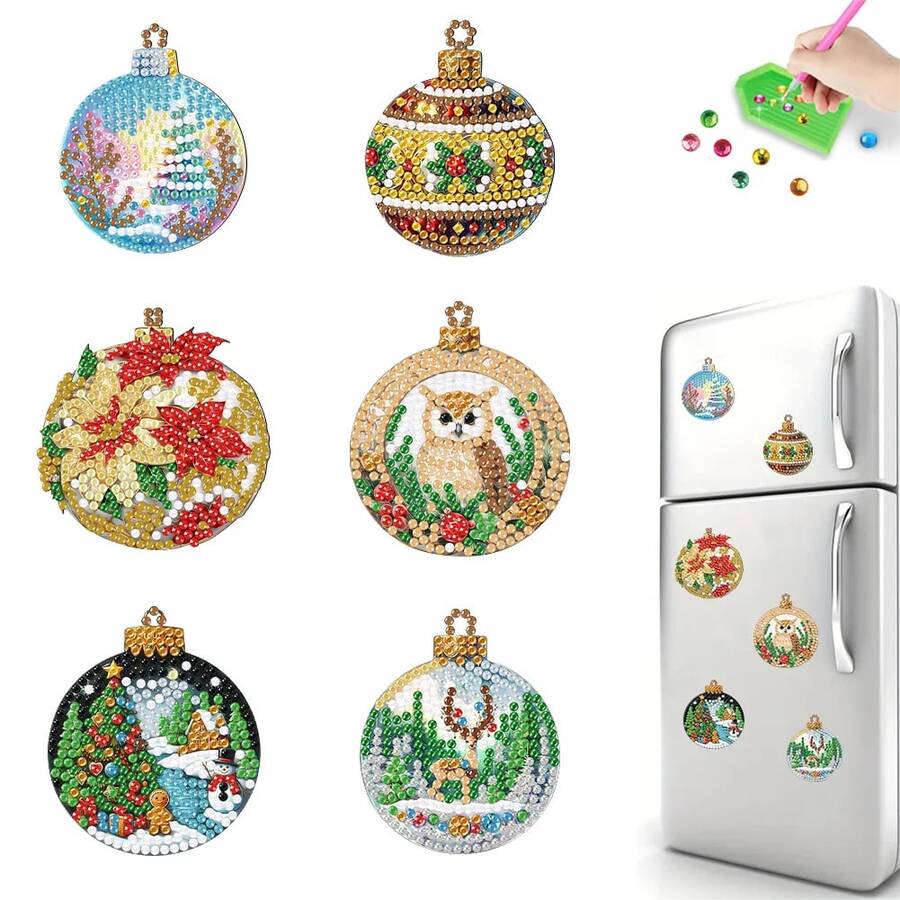 6pcs Diamond Painting Magnetic Christmas Ball Fridge Decor, 5D DIY Shiny Diamond Craft Kit, PET Material, Beginner Handcraft Skill Upgrade Christmas Gift, Fridge Decor Ideal Accessory - Christmas Home Decor Gift