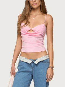 Women Cowl Neck Cami Tank Tops Layered Bra Spaghetti Strap Cutout Ruched Front Slim Fit Beaded Camisole Crop Tops Summer Sexy Backless Sleeveless Vests Shirts Party Club Going Out Tops Streetwear - 粉色 - 查看 4