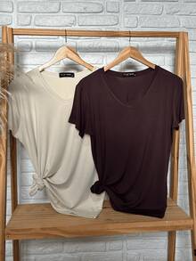 Kit 2 Women's Blouse 100% Viscolaycra Casual T-Shirt Basic T-Shirt Plus Size - CÀ PHÊ VÀ TẮT - Xem 1
