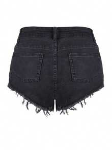 复古街头风高腰斜插口袋毛边弹力修身性感迷你牛仔短裤休闲黑色夏季 - 黑色 - 查看 4