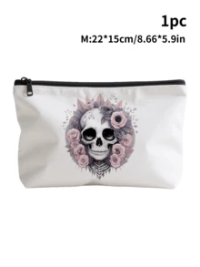 Halloween White Bag For Travel Storage | Makeup Bag & Electronics Organizer With Zipper Closure, Skull Bow Tie Floral Print Pouch For Travel Essentials, Jewelry, Toiletries | Halloween Gift Idea
