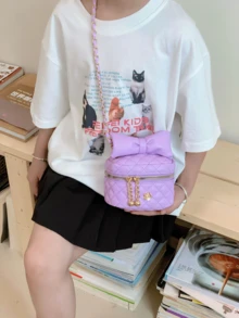 حقيبة صغيرة للبنات مزينة بفيونكة وسلسلة معينية، مصنوعة من مادة البولي يوريثان (بي يو) ، حقيبة كتف عبر الجسم جميلة، مناسبة للاستخدام اليومي في جميع المواسم