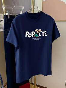 Áo thun ngắn tay dáng lửng màu xanh hải quân in hình hoạt hình dành cho nữ, áo thun in họa tiết thời trang #3333 phong cách thường ngày mùa hè - Hải quân - Xem 2