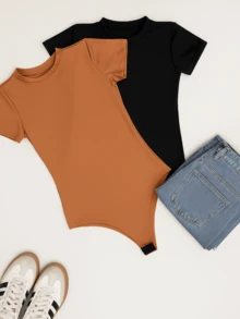 Kit 2 Women's Bodysuits, Short Sleeve | Comfortable Suplex | Casual Summer Fashion - 棕色/黑色 - 查看 1