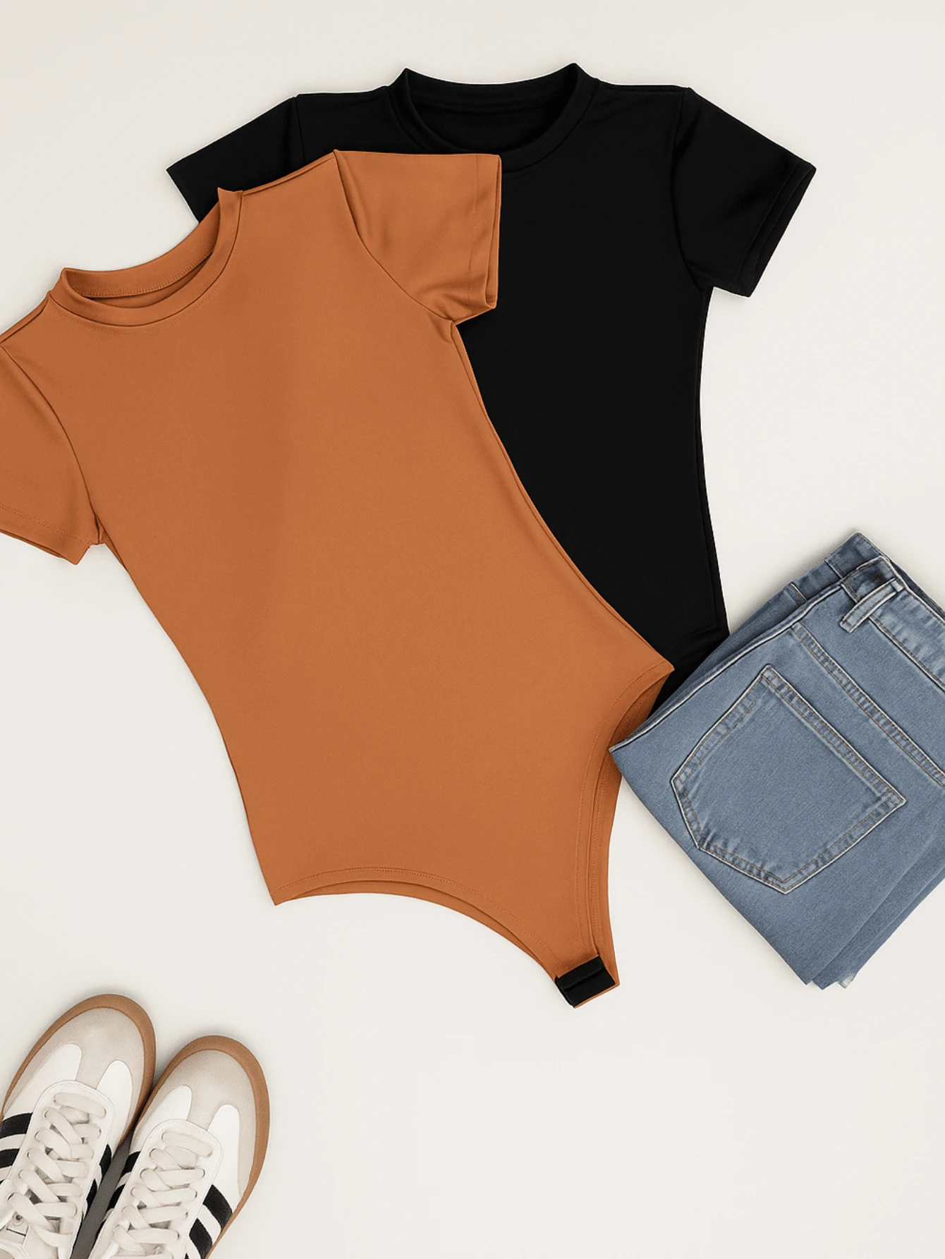 Kit 2 Women's Bodysuits, Short Sleeve | Comfortable Suplex | Casual Summer Fashion - Marrón/Negro - Ver 1