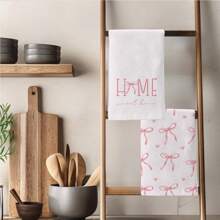 2pcs Minimalist Pink Bow Pattern Kitchen Towels, Soft Polyester Material Dish Cloths, Suitable For Kitchen Decor, Cleaning, Holiday Party Decoration, Kitchen & Bathroom Essentials, Home Decor, Housewarming Gift