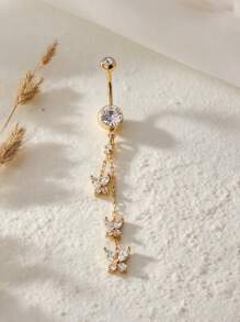 1pc Sexy Glamorous Chain Long Butterfly Cubic Zirconia Navel Ring, Women's Intimate Pierced Belly Button Jewelry - Butterfly - View 3