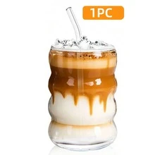APPKER Adorable Ribbed Glass Cups With Straw, 16oz Wave Shape Ripple Glassware For Iced Coffee, Latte, Water, Matcha, Juice – Unique Drinking Glasses, Perfect Gift For Coffee Lovers - Clear - View 11
