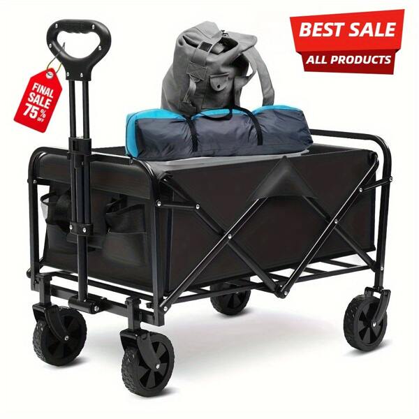 1pc Heavy Duty Collapsible Foldable Utility Wagon Cart With All-Terrain Wheels, 450LB Capacity Metal Frame & Plastic Tires For Beach, RV Storage, Camping, Sports - Black, Camping Utility Cart | Foldable Wagon Cart | Metal Frame Cart, Wagon Foldable
