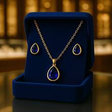 Delicate Women's Colorful Zirconia Drop Necklace + Earring Kit - 金藍色 - 查看 2