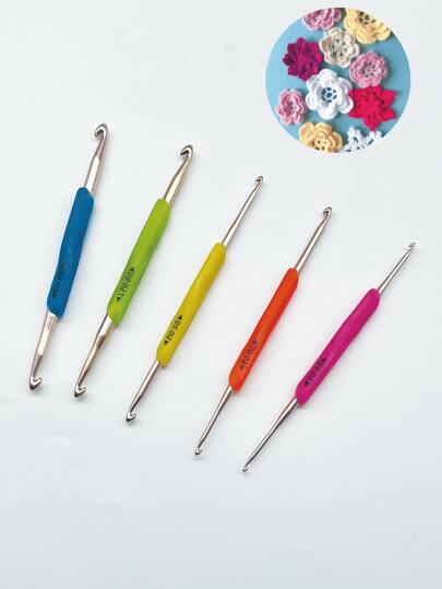 خطاطيف الكروشيه ذات المقبض المزدوج من السيليكون، مع مقابض سيليكونية إرجونومية وأجزاء رأس من الألومنيوم - مانعة للانزلاق وتحمي الأصابع