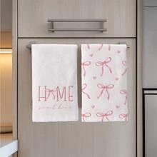 2pcs Minimalist Pink Bow Pattern Kitchen Towels, Soft Polyester Material Dish Cloths, Suitable For Kitchen Decor, Cleaning, Holiday Party Decoration, Kitchen & Bathroom Essentials, Home Decor, Housewarming Gift