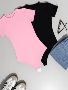 Kit 2 Women's Bodysuits, Short Sleeve | Comfortable Suplex | Casual Summer Fashion - Đen/BB Hồng - Xem 1
