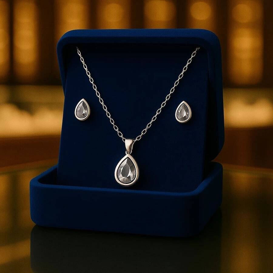 Delicate Women's Colorful Zirconia Drop Necklace + Earring Kit - Silver Gray - View 1