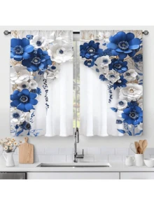 2 Stücke elegante blaue Blumen Vorhänge - 3D Blumen Design, lichtfilternde Polyester Vorhänge für Schlafzimmer, Wohnzimmer, Küche, Büro - vielseitig & stilvolle Fensterverkleidung (Vorhangstange nicht enthalten), Vorhänge für Wohnzimmer - Verschiedenfarbig - Übersicht 14