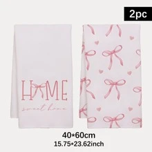 2pcs Minimalist Pink Bow Pattern Kitchen Towels, Soft Polyester Material Dish Cloths, Suitable For Kitchen Decor, Cleaning, Holiday Party Decoration, Kitchen & Bathroom Essentials, Home Decor, Housewarming Gift