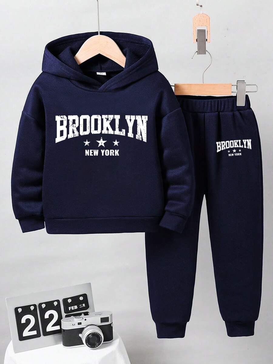 Young Boys Letter Print Warm Hoodie And Pants Set