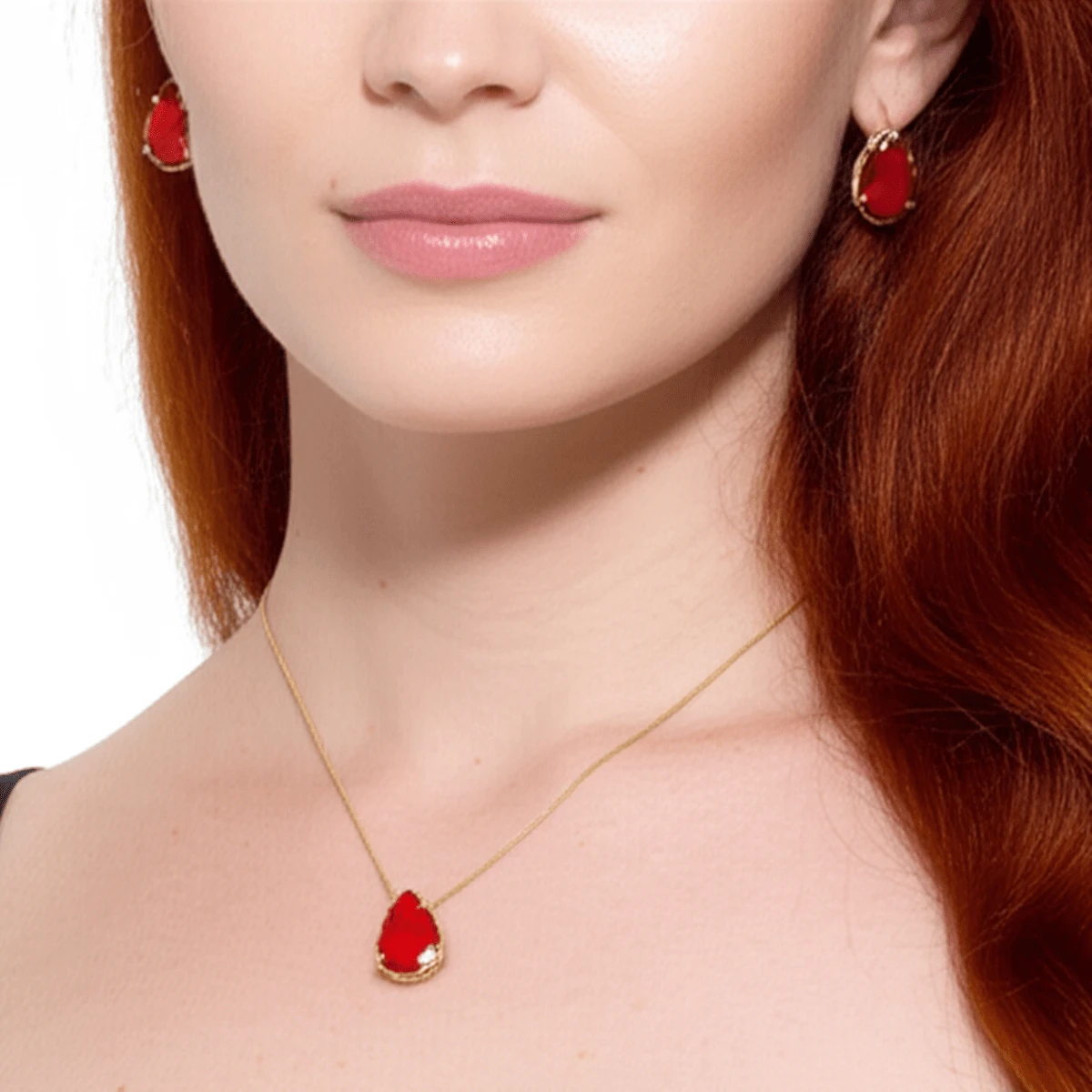 Women's Gold Set With Earrings, Necklace And Pendant With Emerald Green Stone Drop, 18k Gold Plated - Đỏ Ruby - Xem 1