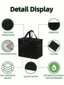 1pc Insulated Cooler Bag: Collapsible & Stands Upright With Secure Zipper Closure. Keeps Food Cold/Hot For Hours During Delivery, Grocery Shopping & Picnics. Perfect For Food Delivery Drivers, Camping Trips & Market Visits. Essential For Professionals & Outdoor Enthusiasts. - 黑色 - 查看 3
