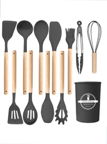 1 set de 12 pièces d'ustensiles de cuisine en silicone avec manches en bois, spatules et louches antiadhésives. Set d'ustensiles de cuisine avec support