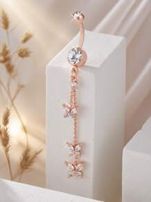 1pc Sexy Glamorous Chain Long Butterfly Cubic Zirconia Navel Ring, Women's Intimate Pierced Belly Button Jewelry - Butterfly - View 4