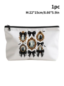 Halloween White Bag For Travel Storage | Makeup Bag & Electronics Organizer With Zipper Closure, Skull Bow Tie Floral Print Pouch For Travel Essentials, Jewelry, Toiletries | Halloween Gift Idea