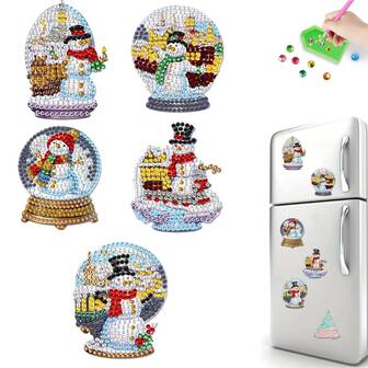 5pcs Diamond Painting Magnetic Christmas Snowman Fridge Decor, 5D DIY Shiny Diamond Craft Kit, PET Material, Beginner Friendly Handcraft Skill Improvement, Ideal Fridge Decoration Accessory