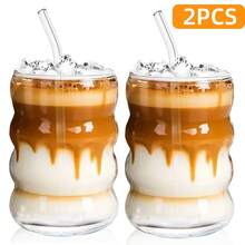 APPKER Adorable Ribbed Glass Cups With Straw, 16oz Wave Shape Ripple Glassware For Iced Coffee, Latte, Water, Matcha, Juice – Unique Drinking Glasses, Perfect Gift For Coffee Lovers - Clear - View 10