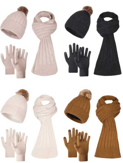 3pcs Women Fashion Solid Color & Stripe Knitted Hat, Scarf, Gloves Set, Casual Outdoor Sports Versatile Warm Winter Accessories (Suitable For Daily Use In Winter) Winter Accessories Winter Outfits Valentines Gift