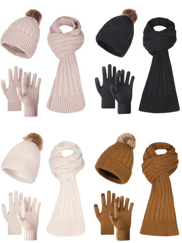 3pcs Women Fashion Solid Color & Stripe Knitted Hat, Scarf, Gloves Set, Casual Outdoor Sports Versatile Warm Winter Accessories (Suitable For Daily Use In Winter) Winter Accessories Winter Outfits Valentines Gift