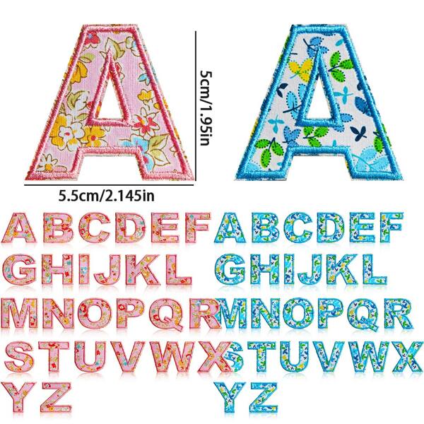26 peças de patches florais azuis de A a Z, patches bordados com letras em inglês, acessórios de vestuário, patches decorativos DIY, patches bordados para passar roupa, acessórios para sapatos e chapéus