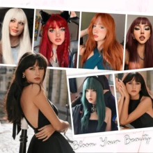 Peluca negra con flequillo para mujeres, peluca negra larga y recta resistente al calor, peluca sintética para uso diario, fiesta, Halloween y cosplay de 24 pulgadas