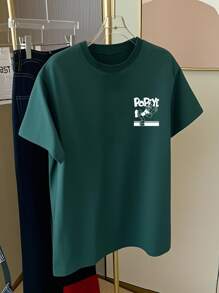 橄榄绿色卡通印花短袖中长款T恤，女式上衣，时尚印花T恤#3333 - 墨綠色 - 查看 4